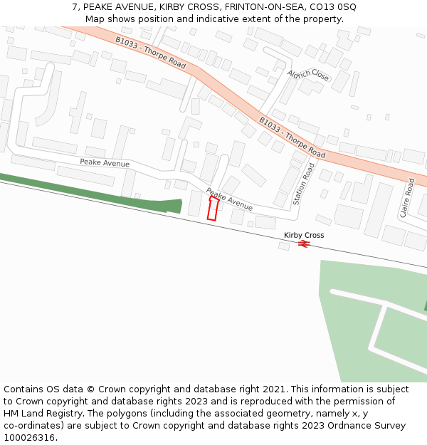 7, PEAKE AVENUE, KIRBY CROSS, FRINTON-ON-SEA, CO13 0SQ: Location map and indicative extent of plot