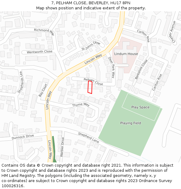 7, PELHAM CLOSE, BEVERLEY, HU17 8PN: Location map and indicative extent of plot