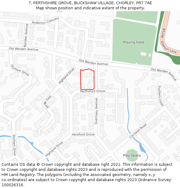 7, PERTHSHIRE GROVE, BUCKSHAW VILLAGE, CHORLEY, PR7 7AE: Location map and indicative extent of plot