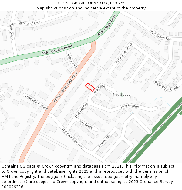 7, PINE GROVE, ORMSKIRK, L39 2YS: Location map and indicative extent of plot