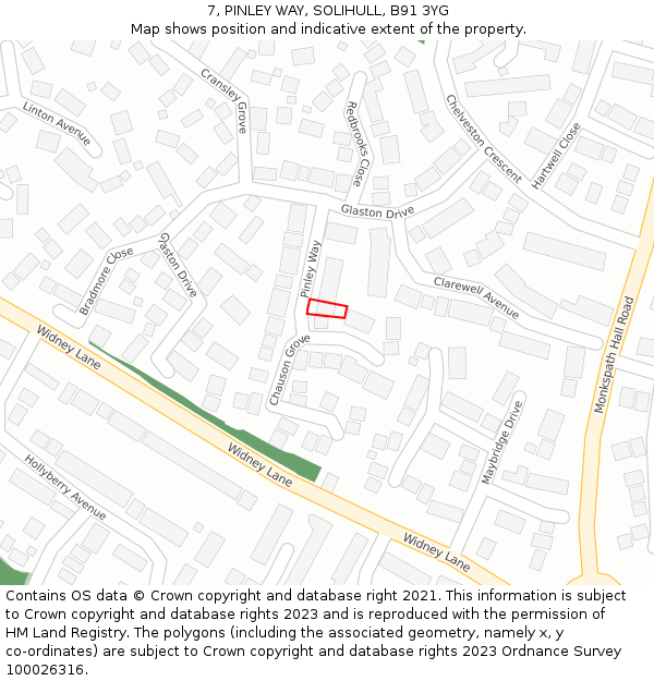 7, PINLEY WAY, SOLIHULL, B91 3YG: Location map and indicative extent of plot