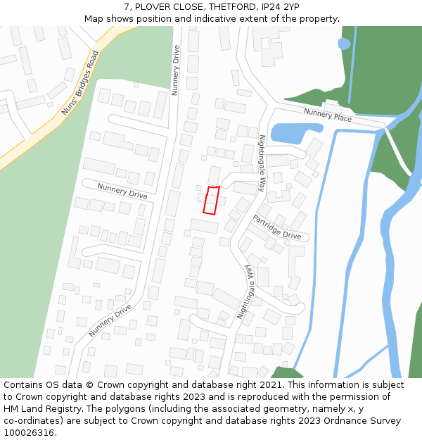 7, PLOVER CLOSE, THETFORD, IP24 2YP: Location map and indicative extent of plot