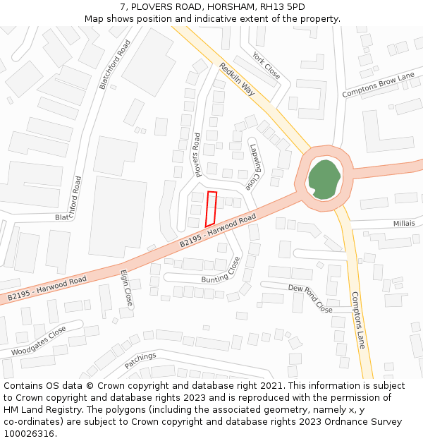 7, PLOVERS ROAD, HORSHAM, RH13 5PD: Location map and indicative extent of plot