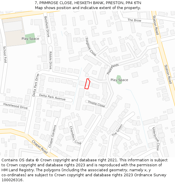 7, PRIMROSE CLOSE, HESKETH BANK, PRESTON, PR4 6TN: Location map and indicative extent of plot