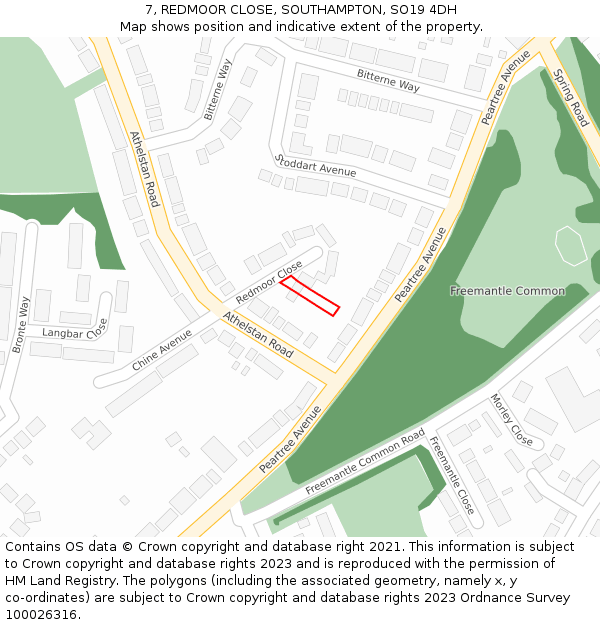 7, REDMOOR CLOSE, SOUTHAMPTON, SO19 4DH: Location map and indicative extent of plot