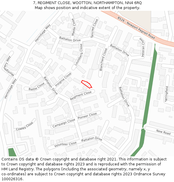 7, REGIMENT CLOSE, WOOTTON, NORTHAMPTON, NN4 6RQ: Location map and indicative extent of plot