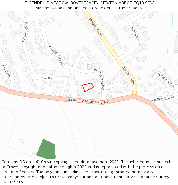 7, RENDELLS MEADOW, BOVEY TRACEY, NEWTON ABBOT, TQ13 9QW: Location map and indicative extent of plot