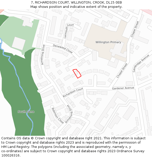 7, RICHARDSON COURT, WILLINGTON, CROOK, DL15 0EB: Location map and indicative extent of plot