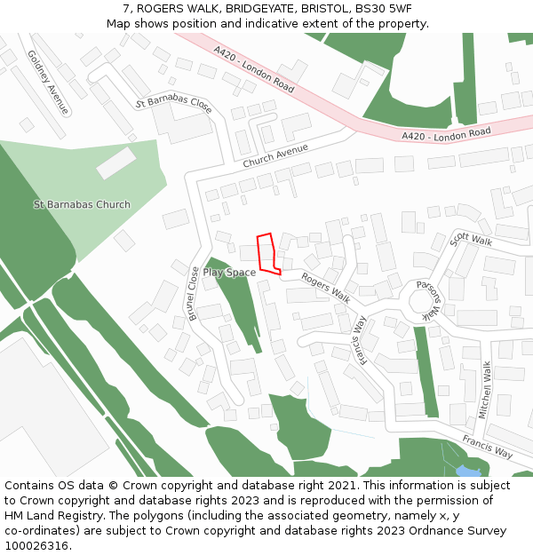 7, ROGERS WALK, BRIDGEYATE, BRISTOL, BS30 5WF: Location map and indicative extent of plot