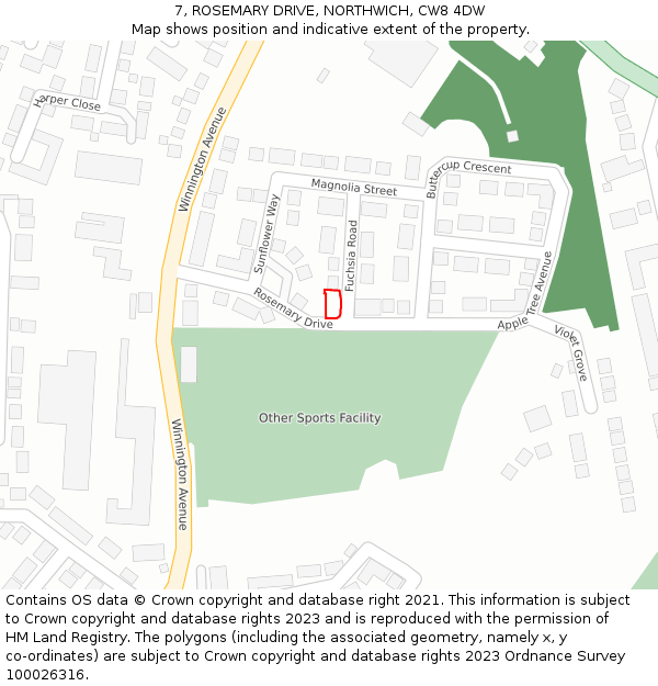 7, ROSEMARY DRIVE, NORTHWICH, CW8 4DW: Location map and indicative extent of plot