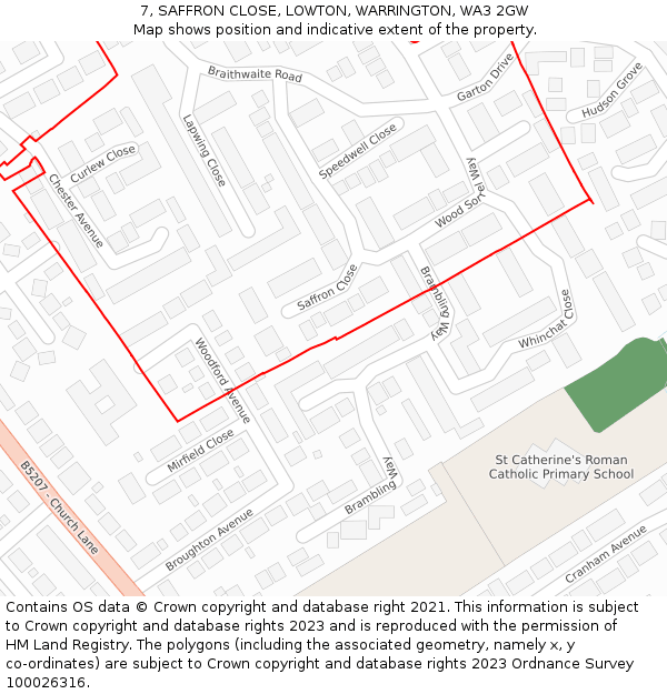 7, SAFFRON CLOSE, LOWTON, WARRINGTON, WA3 2GW: Location map and indicative extent of plot