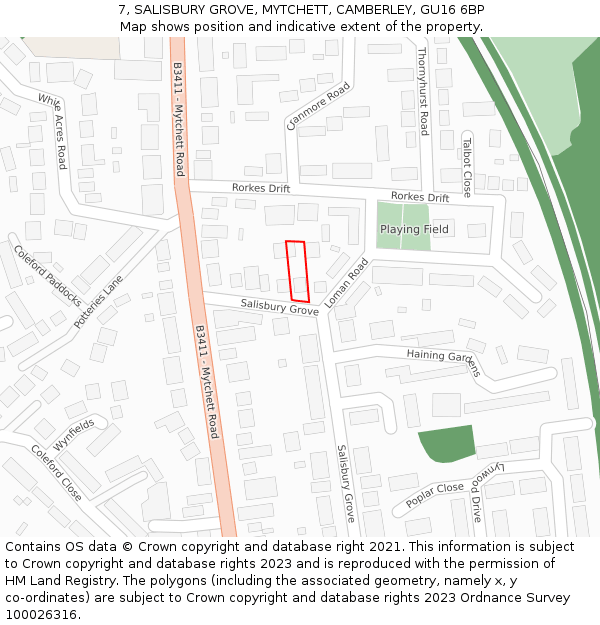 7, SALISBURY GROVE, MYTCHETT, CAMBERLEY, GU16 6BP: Location map and indicative extent of plot