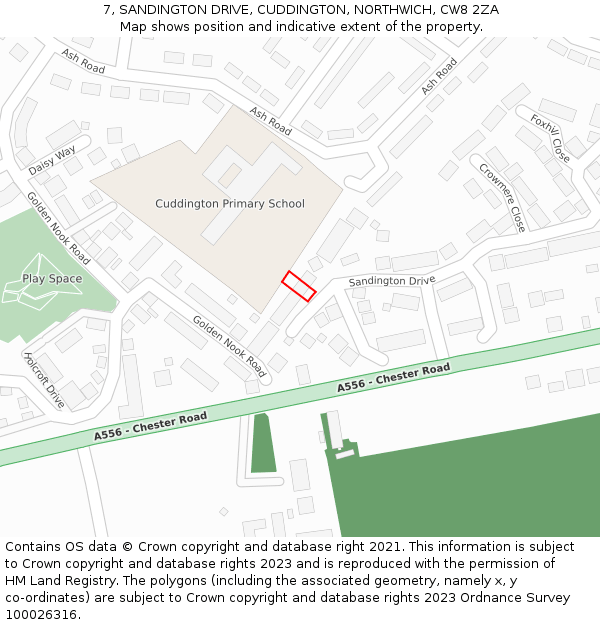 7, SANDINGTON DRIVE, CUDDINGTON, NORTHWICH, CW8 2ZA: Location map and indicative extent of plot