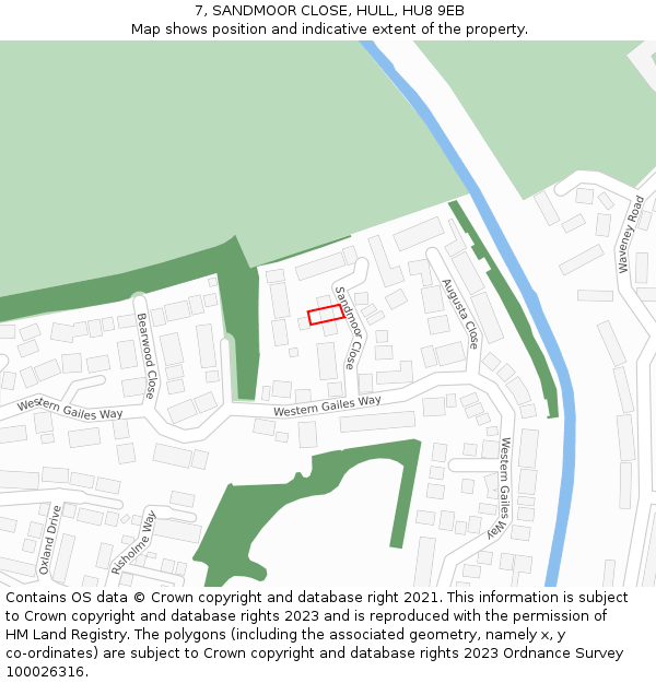 7, SANDMOOR CLOSE, HULL, HU8 9EB: Location map and indicative extent of plot