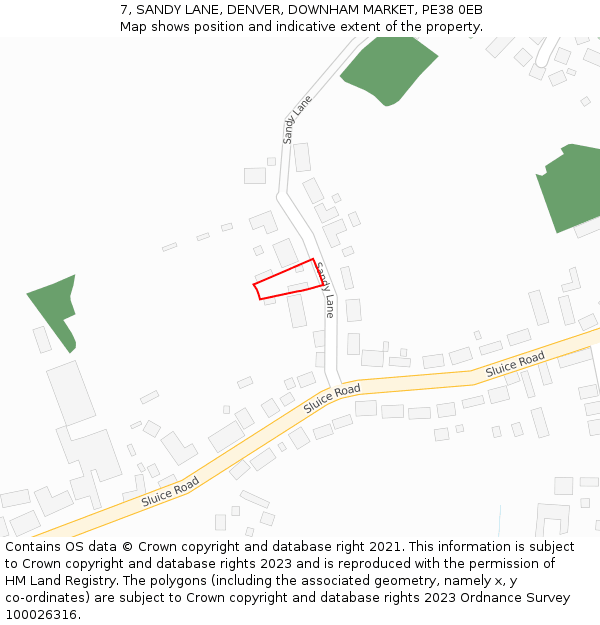 7, SANDY LANE, DENVER, DOWNHAM MARKET, PE38 0EB: Location map and indicative extent of plot