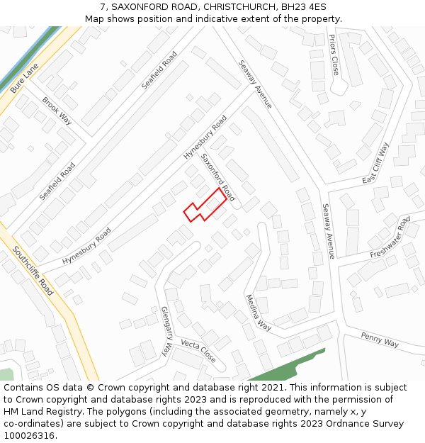 7, SAXONFORD ROAD, CHRISTCHURCH, BH23 4ES: Location map and indicative extent of plot