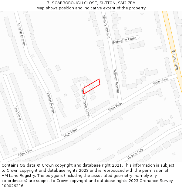 7, SCARBOROUGH CLOSE, SUTTON, SM2 7EA: Location map and indicative extent of plot