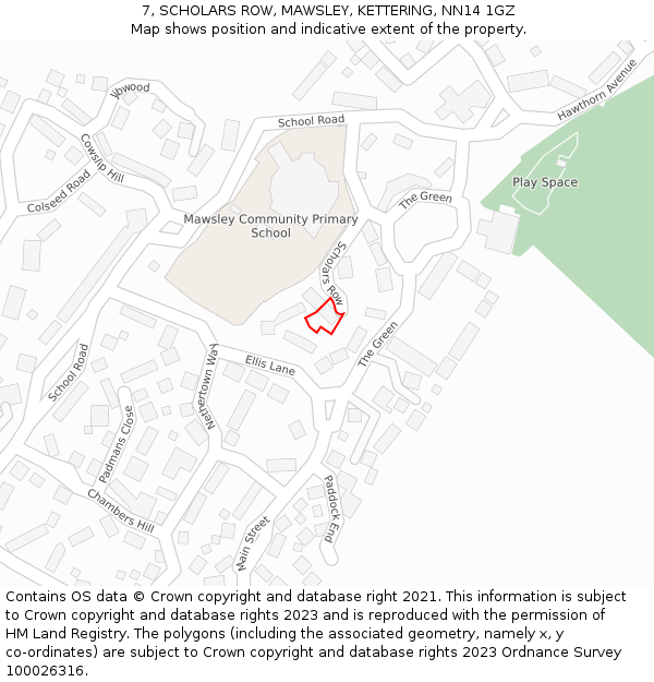 7, SCHOLARS ROW, MAWSLEY, KETTERING, NN14 1GZ: Location map and indicative extent of plot