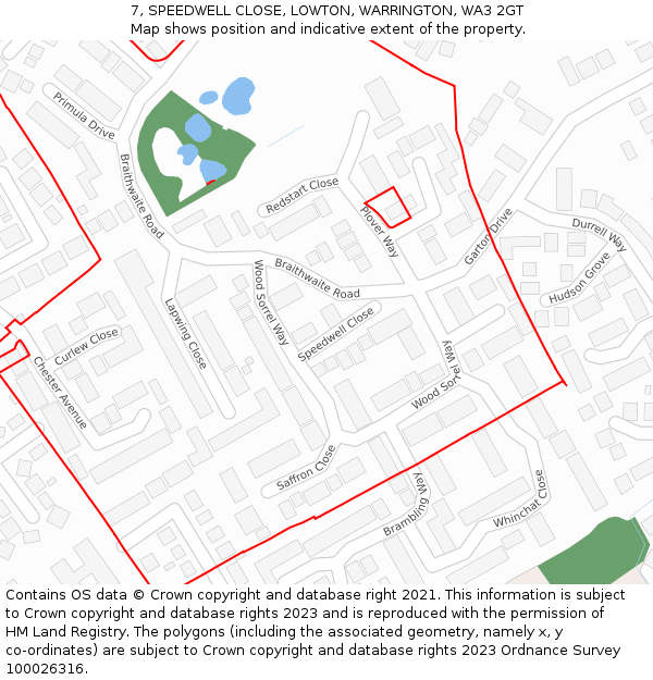 7, SPEEDWELL CLOSE, LOWTON, WARRINGTON, WA3 2GT: Location map and indicative extent of plot