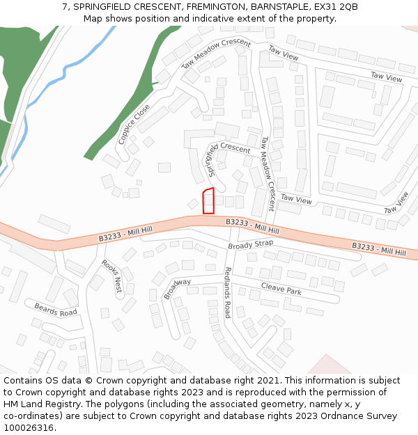 7, SPRINGFIELD CRESCENT, FREMINGTON, BARNSTAPLE, EX31 2QB: Location map and indicative extent of plot