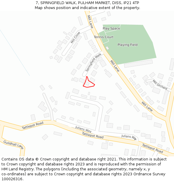 7, SPRINGFIELD WALK, PULHAM MARKET, DISS, IP21 4TP: Location map and indicative extent of plot