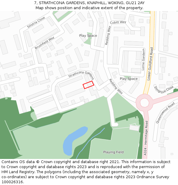 7, STRATHCONA GARDENS, KNAPHILL, WOKING, GU21 2AY: Location map and indicative extent of plot