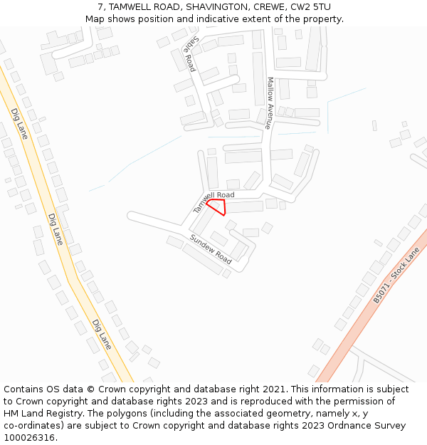 7, TAMWELL ROAD, SHAVINGTON, CREWE, CW2 5TU: Location map and indicative extent of plot