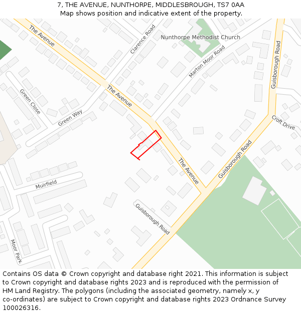 7, THE AVENUE, NUNTHORPE, MIDDLESBROUGH, TS7 0AA: Location map and indicative extent of plot