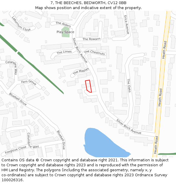 7, THE BEECHES, BEDWORTH, CV12 0BB: Location map and indicative extent of plot