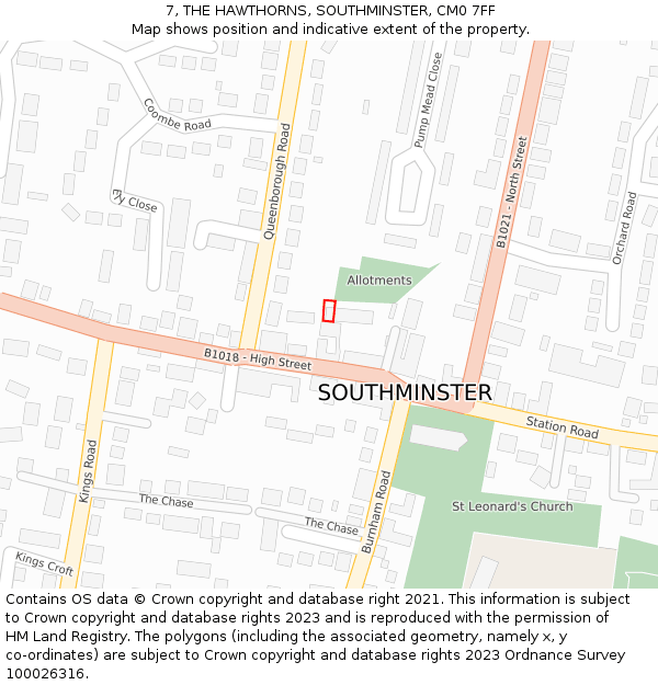 7, THE HAWTHORNS, SOUTHMINSTER, CM0 7FF: Location map and indicative extent of plot