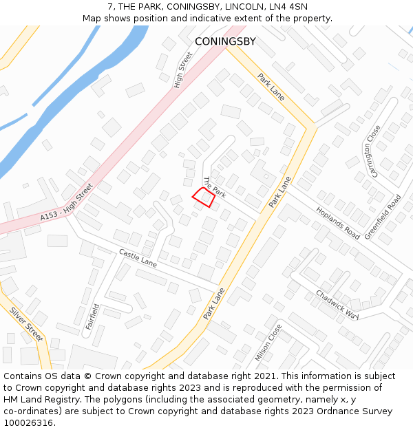 7, THE PARK, CONINGSBY, LINCOLN, LN4 4SN: Location map and indicative extent of plot