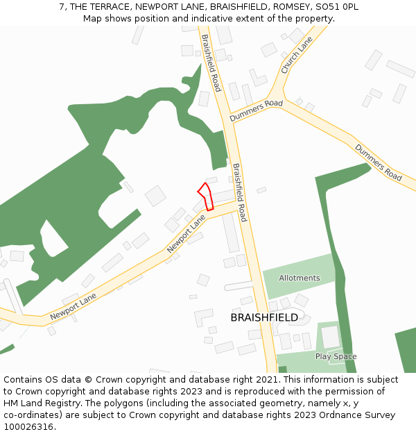 7, THE TERRACE, NEWPORT LANE, BRAISHFIELD, ROMSEY, SO51 0PL: Location map and indicative extent of plot