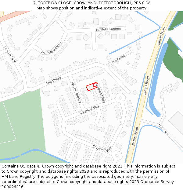 7, TORFRIDA CLOSE, CROWLAND, PETERBOROUGH, PE6 0LW: Location map and indicative extent of plot