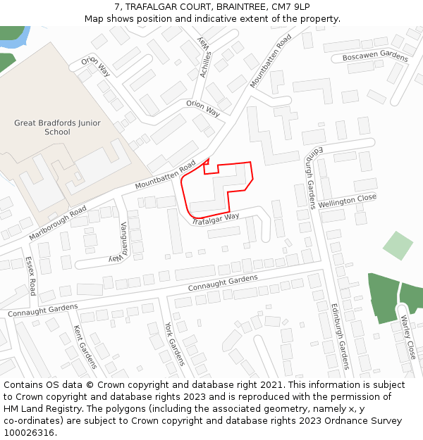 7, TRAFALGAR COURT, BRAINTREE, CM7 9LP: Location map and indicative extent of plot