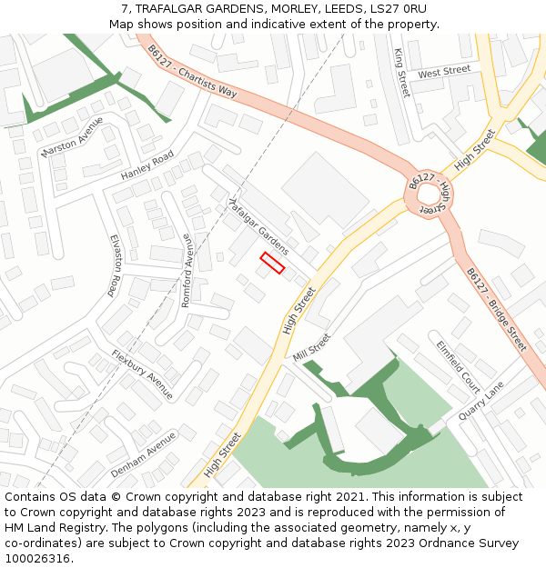 7, TRAFALGAR GARDENS, MORLEY, LEEDS, LS27 0RU: Location map and indicative extent of plot