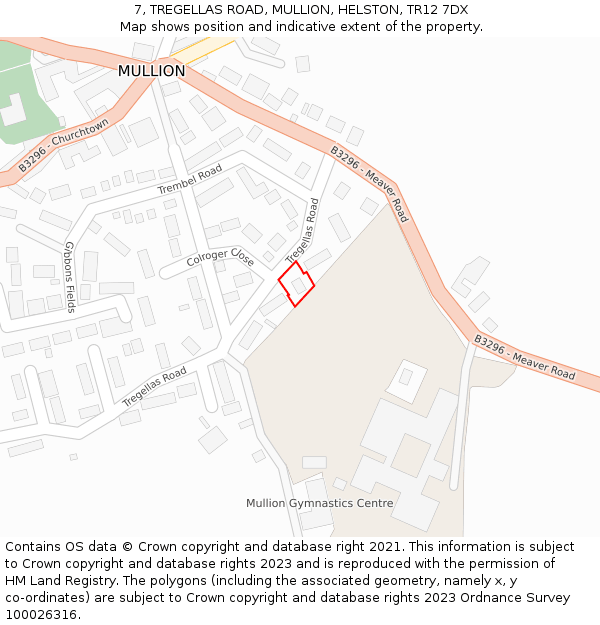 7, TREGELLAS ROAD, MULLION, HELSTON, TR12 7DX: Location map and indicative extent of plot