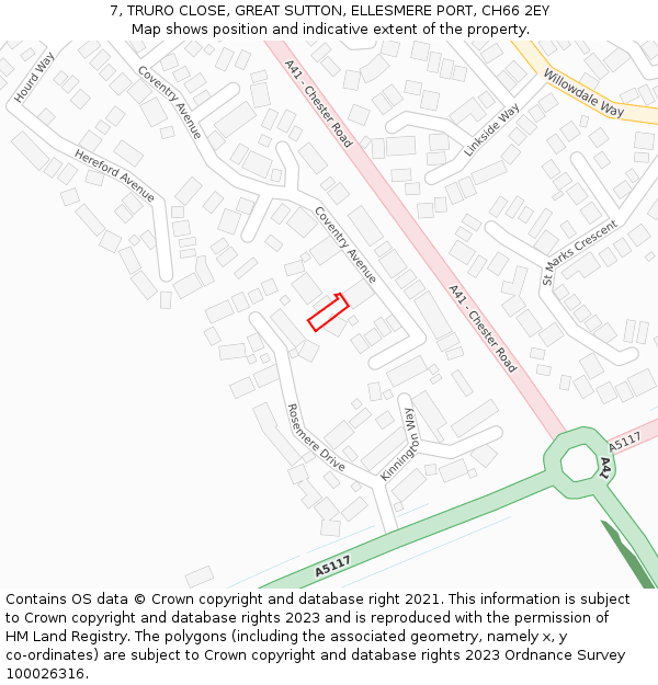 7, TRURO CLOSE, GREAT SUTTON, ELLESMERE PORT, CH66 2EY: Location map and indicative extent of plot