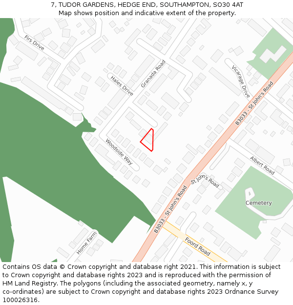 7, TUDOR GARDENS, HEDGE END, SOUTHAMPTON, SO30 4AT: Location map and indicative extent of plot