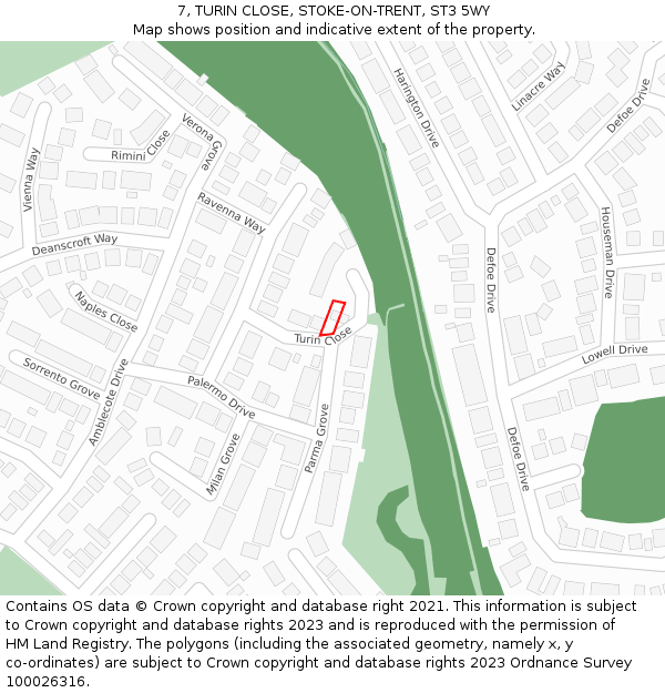 7, TURIN CLOSE, STOKE-ON-TRENT, ST3 5WY: Location map and indicative extent of plot