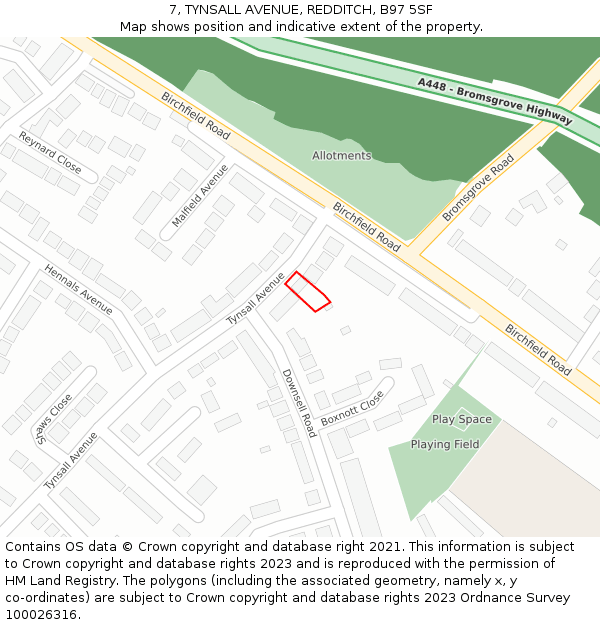 7, TYNSALL AVENUE, REDDITCH, B97 5SF: Location map and indicative extent of plot