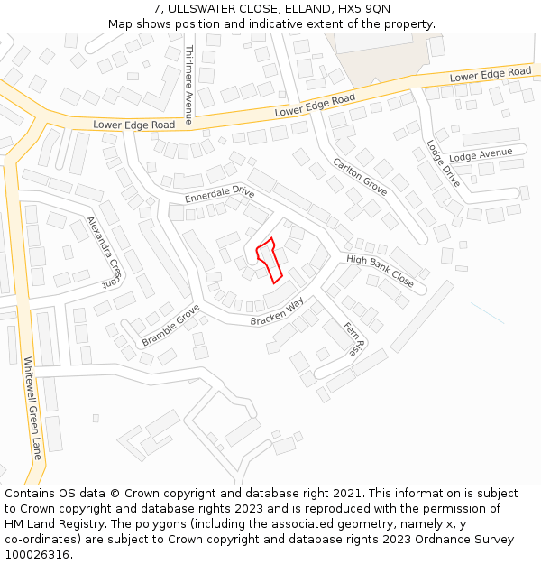 7, ULLSWATER CLOSE, ELLAND, HX5 9QN: Location map and indicative extent of plot