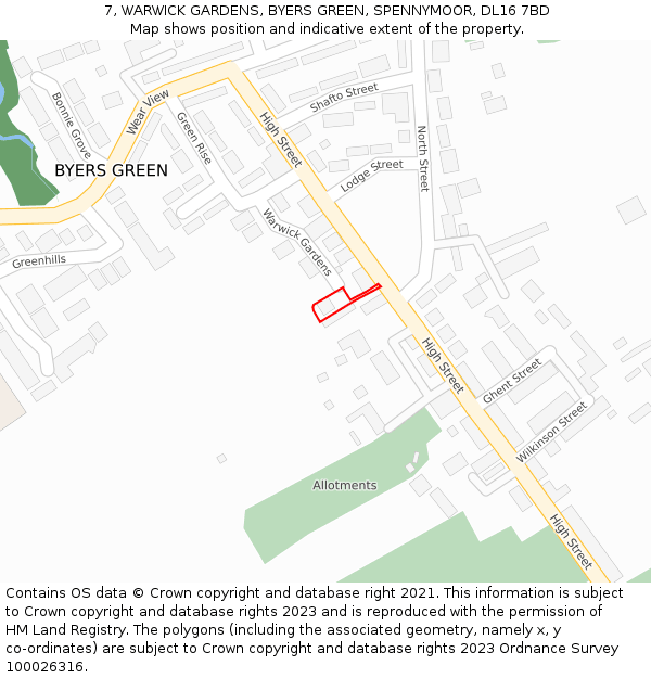 7, WARWICK GARDENS, BYERS GREEN, SPENNYMOOR, DL16 7BD: Location map and indicative extent of plot