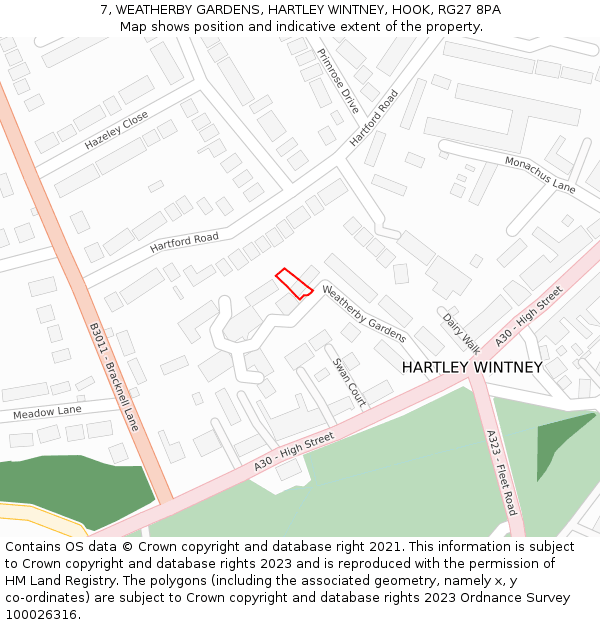 7, WEATHERBY GARDENS, HARTLEY WINTNEY, HOOK, RG27 8PA: Location map and indicative extent of plot