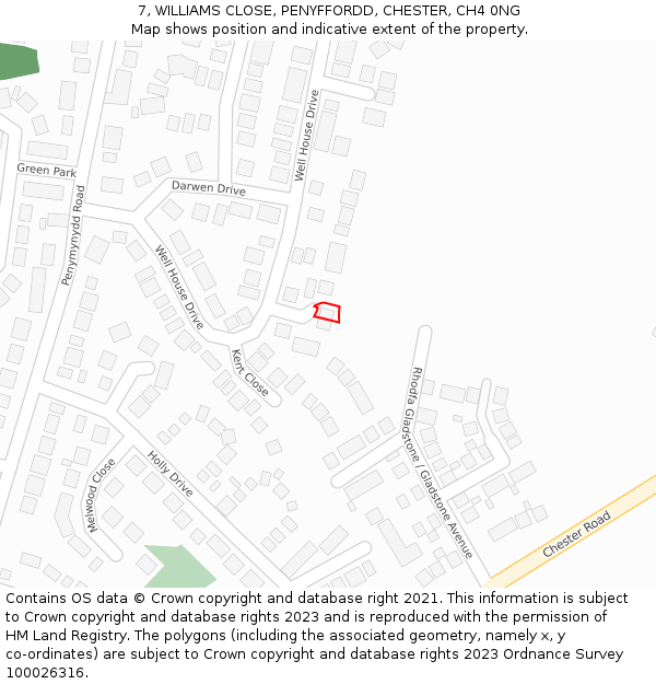 7, WILLIAMS CLOSE, PENYFFORDD, CHESTER, CH4 0NG: Location map and indicative extent of plot