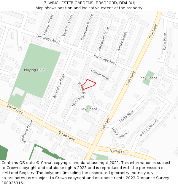 7, WINCHESTER GARDENS, BRADFORD, BD4 8UJ: Location map and indicative extent of plot