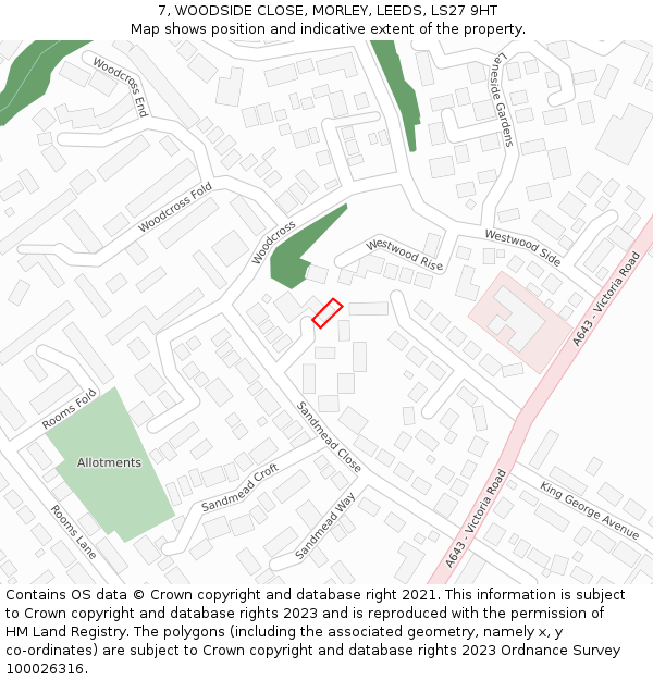 7, WOODSIDE CLOSE, MORLEY, LEEDS, LS27 9HT: Location map and indicative extent of plot