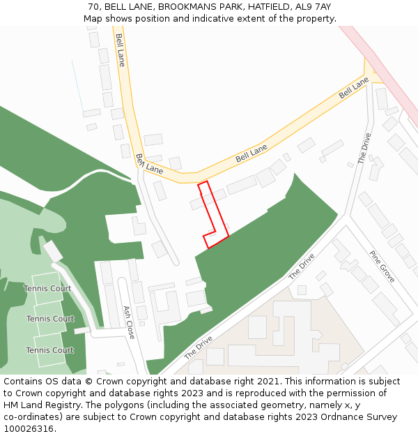 70, BELL LANE, BROOKMANS PARK, HATFIELD, AL9 7AY: Location map and indicative extent of plot