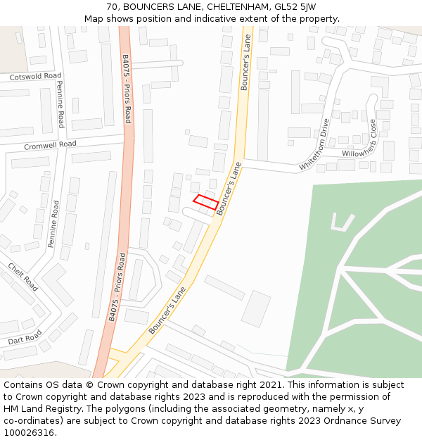 70, BOUNCERS LANE, CHELTENHAM, GL52 5JW: Location map and indicative extent of plot