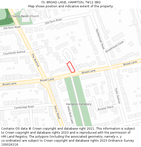 70, BROAD LANE, HAMPTON, TW12 3BG: Location map and indicative extent of plot