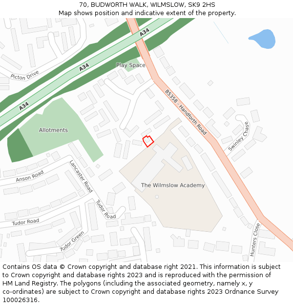 70, BUDWORTH WALK, WILMSLOW, SK9 2HS: Location map and indicative extent of plot